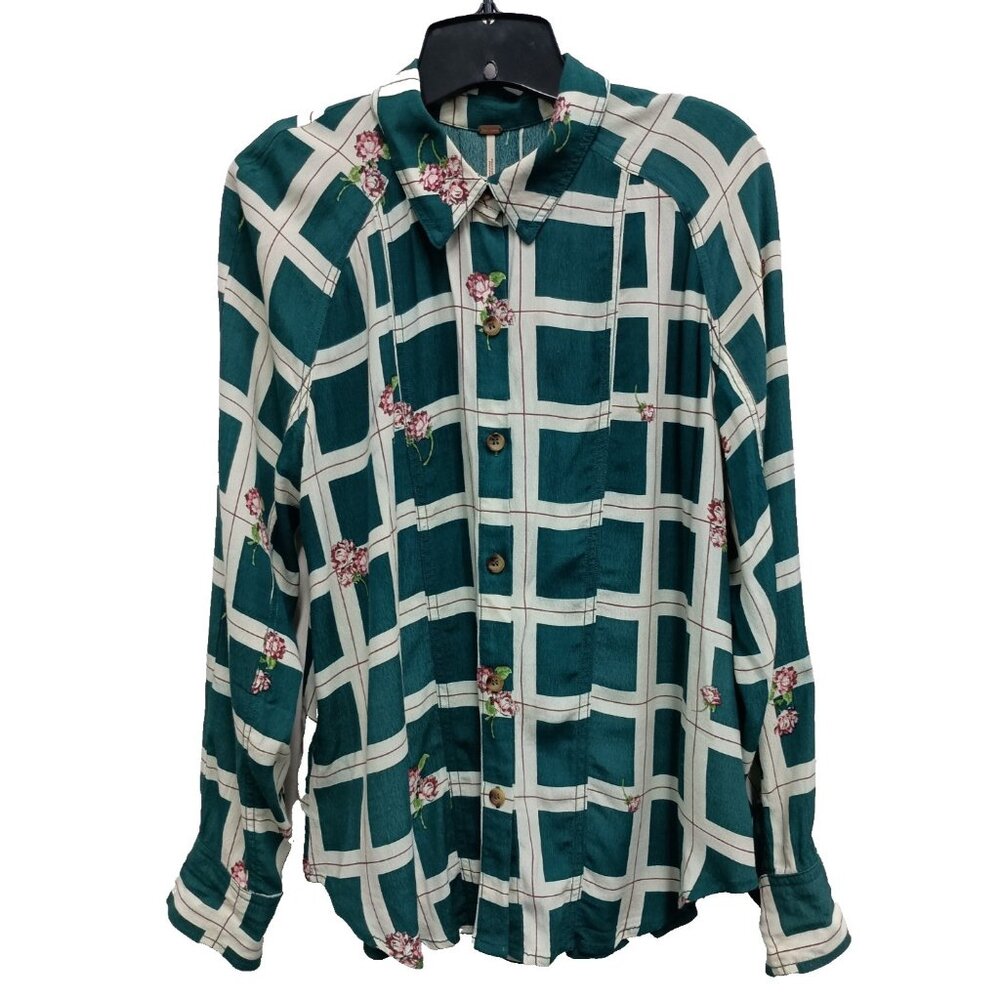 Free People Womens Window To My Heart BOHO Shirt Size Small Teal Plaid Button Up